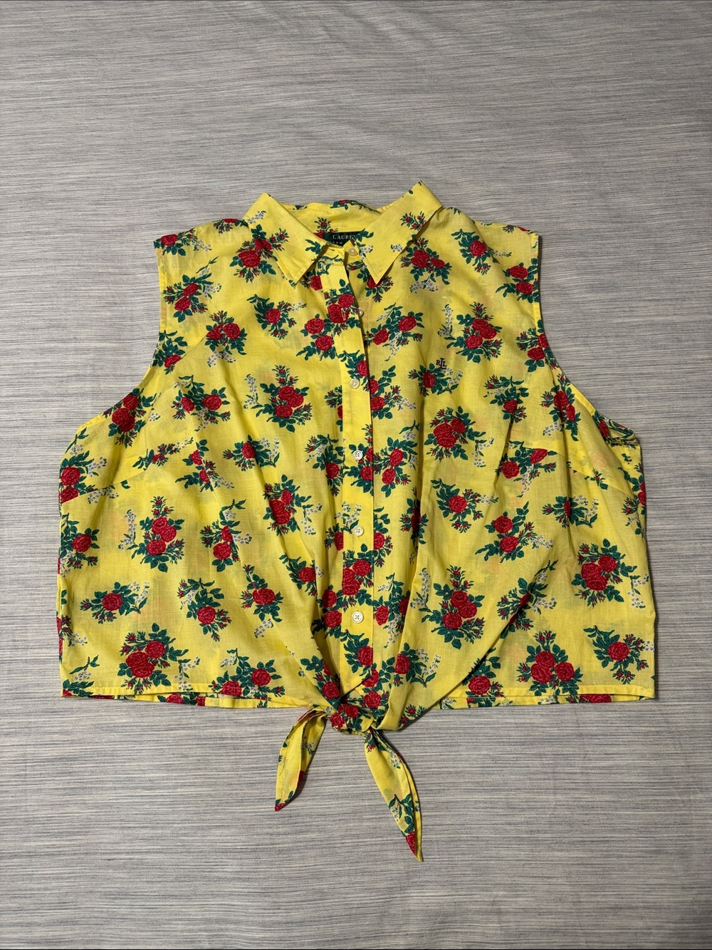 Lauren Ralph Lauren Yellow Rose Floral Tie Front Crop Top Blouse Size 3X Cotton